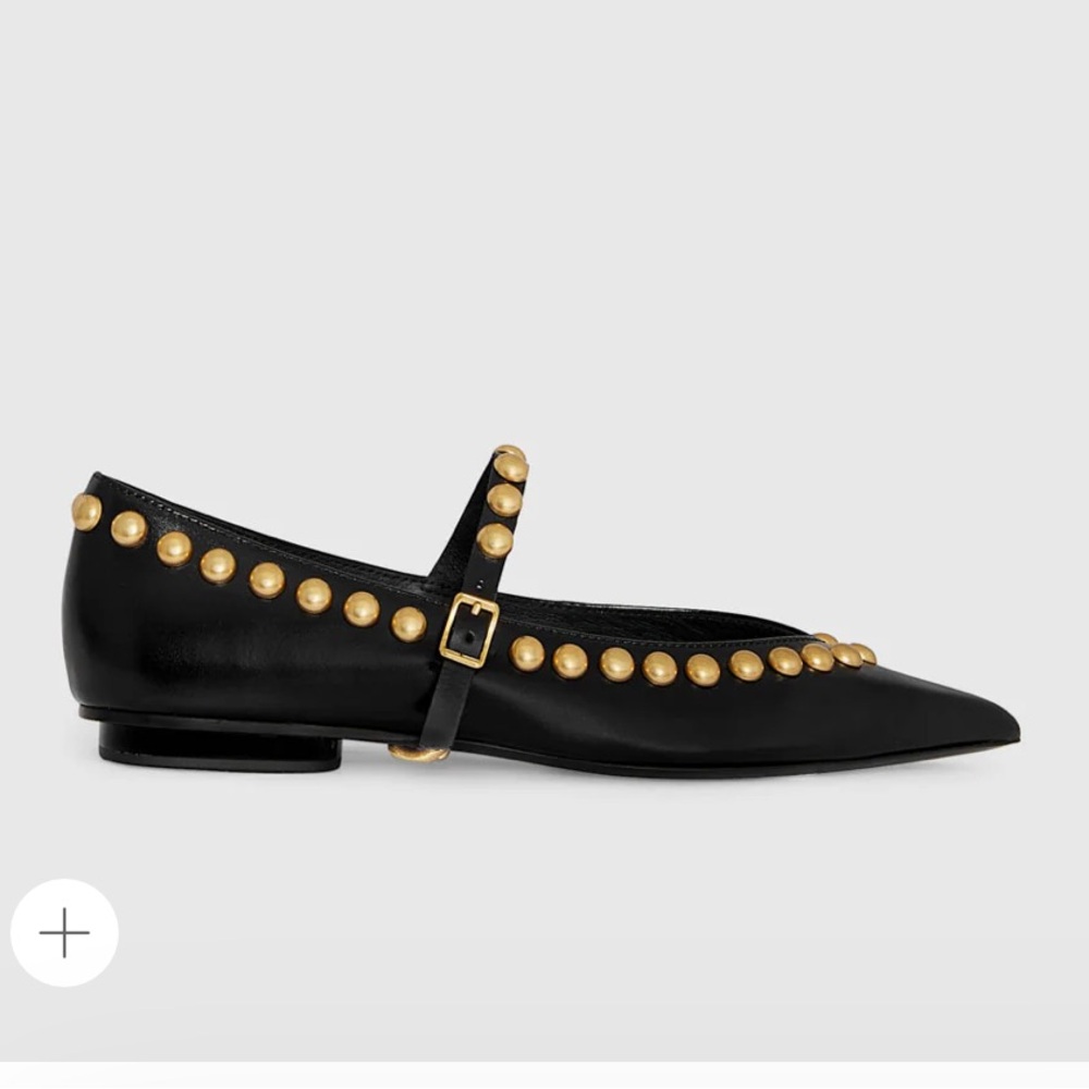 Rebecca Minkoff Milan Black and Gold Studded Mary Jane Pointed Toe Flats - Picture 6 of 12